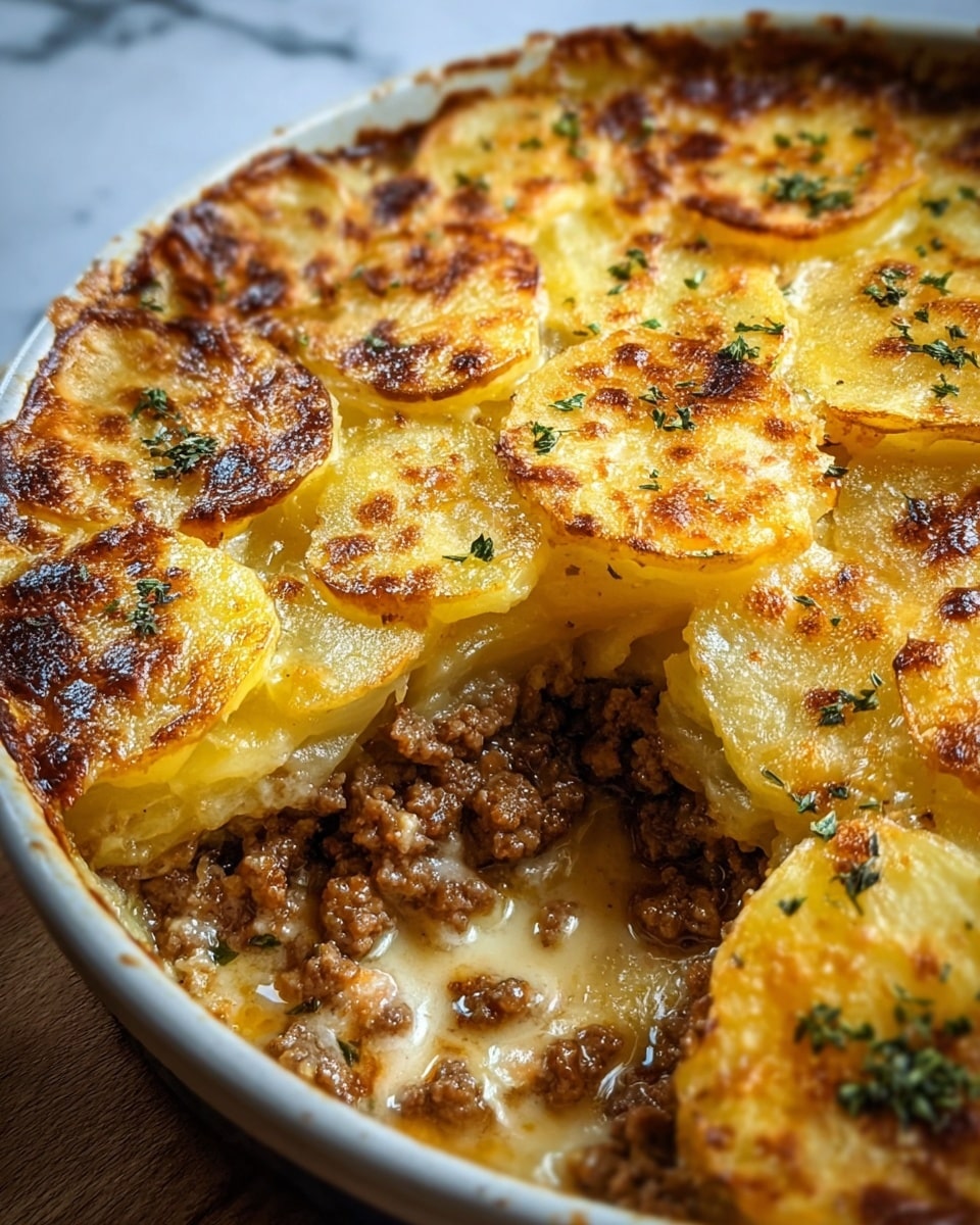 A close-up view of a baked layered dish in a white round bowl showing a top golden-browned crust with small browned spots and sprinkled green herbs. The dish has three visible layers: the top layer consists of thin, golden-yellow potato slices with crispy edges, the middle layer contains cooked brown minced meat with a slightly glossy texture, and the bottom layer is a creamy sauce holding the layers together. Part of the dish has been cut revealing the layers inside clearly. The background shows a white marbled texture. photo taken with an iphone --ar 4:5 --v 7