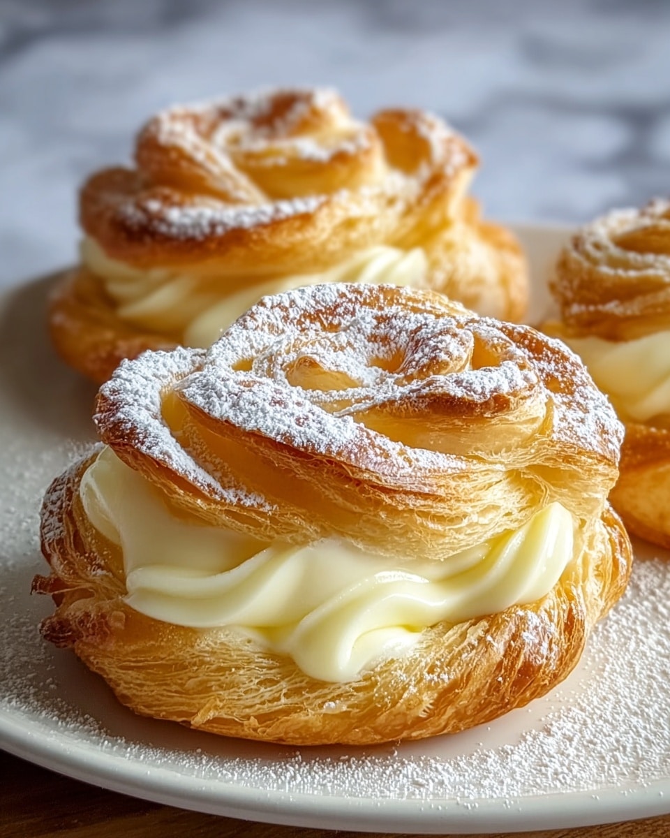The image shows two cream-filled pastries shaped like roses, placed on a white plate with a textured surface. Each pastry has about three main layers: the base layer is a golden, flaky pastry with visible airy texture, wrapped in two to three twisted layers of the same golden brown flaky dough forming petals around the center. The middle layer consists of smooth, pale yellow cream filling, generously visible inside the pastry and slightly oozing out near the base of the petals. A light dusting of powdered sugar is sprinkled over the top edges of the flaky petals, giving a delicate white contrast. The background is a white marbled texture, softly blurred to keep the focus on the pastries. photo taken with an iphone --ar 4:5 --v 7