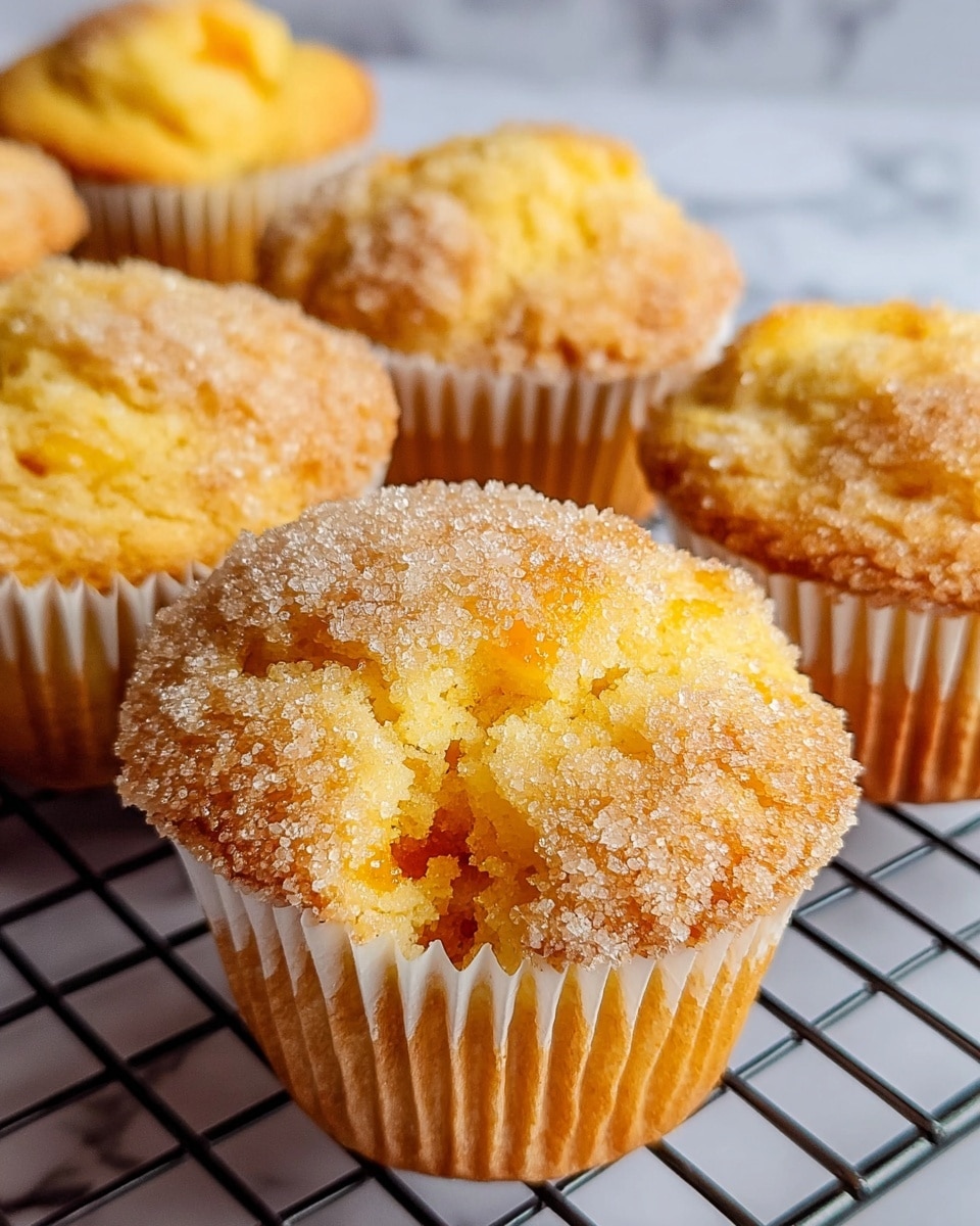 A close-up view of five golden yellow muffins with a crumbly sugar topping that sparkles lightly. Each muffin has a slightly cracked top, revealing a soft and moist interior with hints of orange bits inside. The muffins are wrapped in white paper liners and are placed on a black cooling rack against a white marbled background. The muffins' texture looks fluffy and tender, with crisp edges visible. Photo taken with an iphone --ar 4:5 --v 7