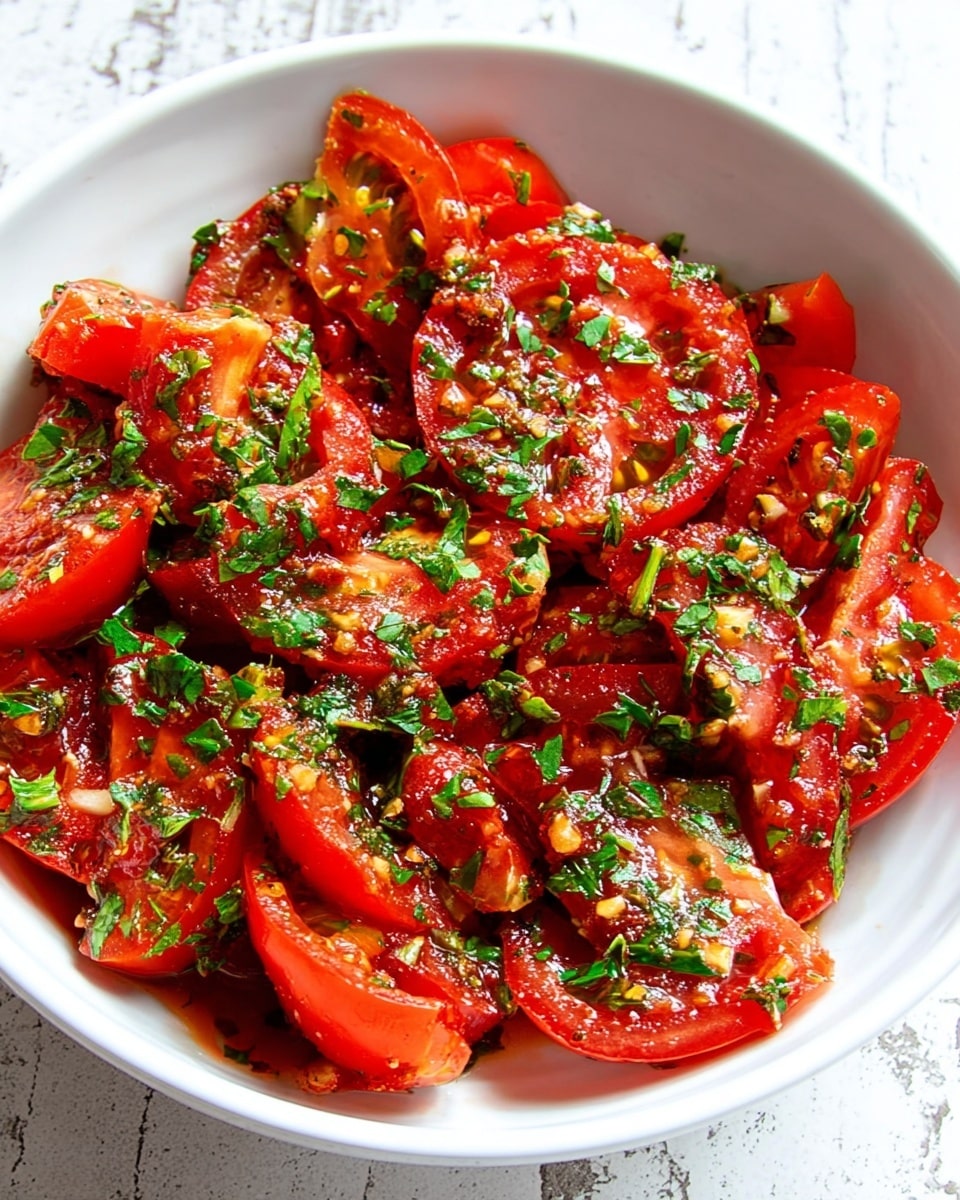 A white bowl filled with a fresh tomato salad, consisting of about two layers of thick tomato wedges in bright red color, mixed with chopped green herbs scattered evenly throughout. The tomatoes have a glossy, wet texture, covered in a red sauce with visible bits of garlic and herbs, adding texture and shine. The herbs are finely chopped, giving a contrasting green color that stands out against the red tomatoes. The bowl sits on a white marbled surface. photo taken with an iphone --ar 4:5 --v 7