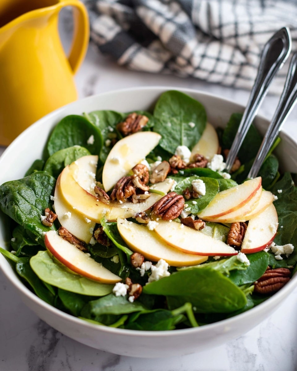 A fresh spinach salad layered in a white bowl, starting with a base of dark green, glossy spinach leaves. On top, thin slices of pale yellow apple with red edges are spread out evenly. Small, rough chunks of brown pecans are scattered across the salad, adding texture between the spinach and apple slices. Crumbled white cheese is sprinkled all over, creating small bright spots against the green and brown. Two shiny silver utensils stick out from the bowl. The bowl sits on a white marbled surface with a blurred background showing a yellow jug and black-and-white cloth behind it. photo taken with an iphone --ar 4:5 --v 7