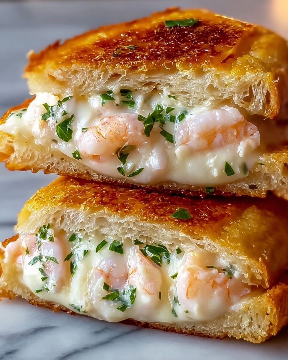 The image shows two halves of a sandwich stacked on each other. The sandwich has a golden brown, crispy outer bread layer with a light, airy texture inside. The filling consists of creamy white melted cheese mixed with small, tender pink shrimp scattered throughout. Fresh green herb pieces are sprinkled inside the cheese and shrimp filling, giving a fresh touch. The close-up view highlights the gooey texture of the cheese and the softness of the shrimp inside the toasted bread. The background is a white marbled surface. photo taken with an iphone --ar 4:5 --v 7