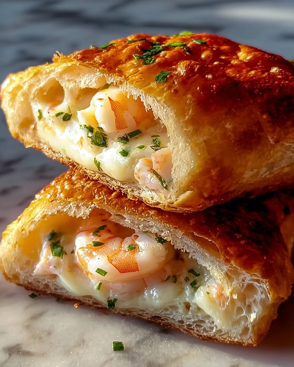 The image shows a close-up of two stacked golden-brown bread pockets with a crispy, slightly shiny crust. Each pocket is cut in half, revealing a creamy white cheesy filling inside with small shrimp pieces that are light pink with subtle orange lines. Fresh, finely chopped green herbs are scattered evenly throughout the cheese and shrimp filling. The bread has a soft, airy texture with visible small holes inside, contrasting the crunchy crust. The scene is warm with natural light highlighting the glossy, textured surface of the bread and the smooth, melty cheese inside, set on a surface with a white marbled texture. Photo taken with an iphone --ar 4:5 --v 7