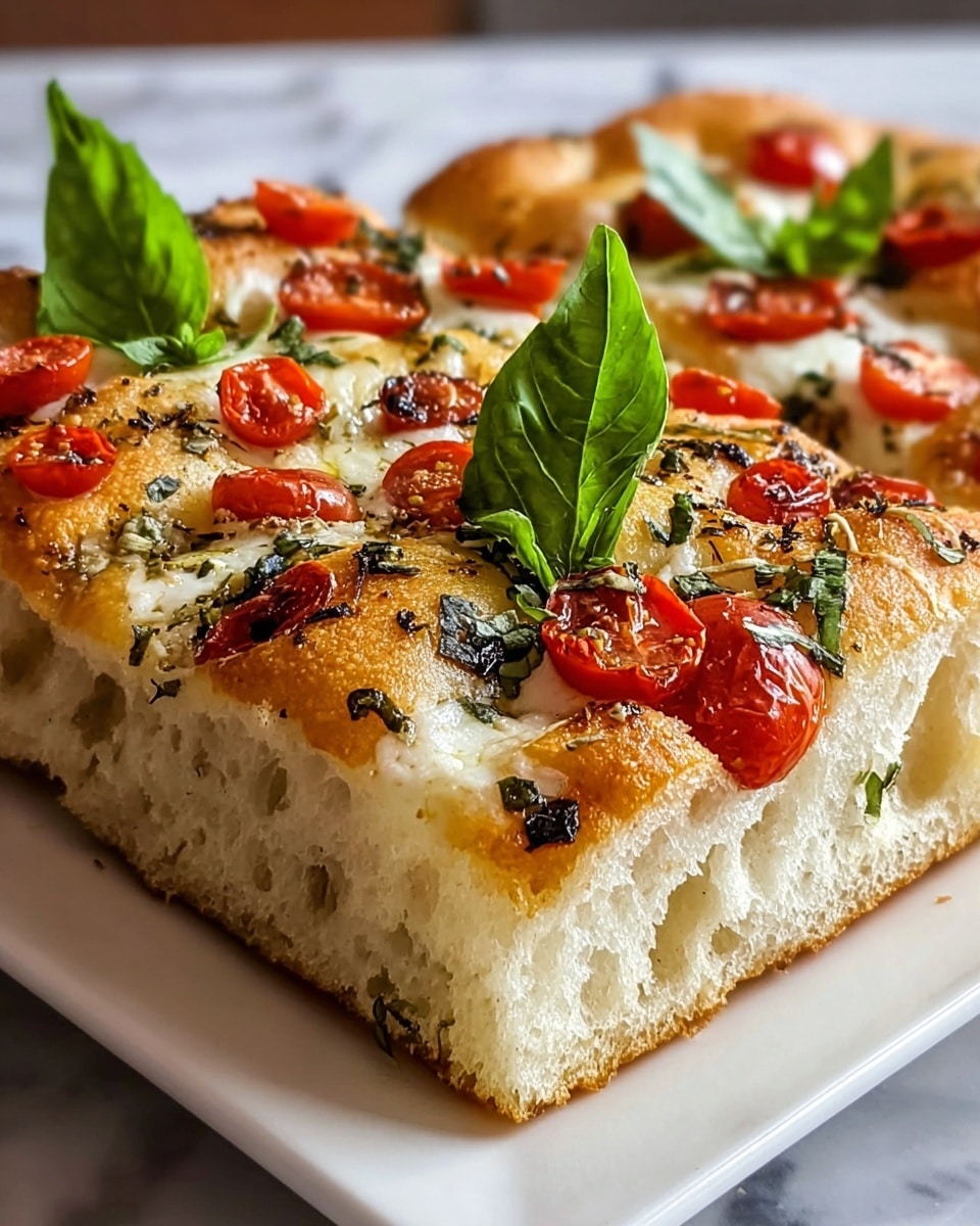 A square piece of focaccia bread with a thick, airy base that is light golden brown with a soft, porous texture inside. On top, a layer of melted white cheese is spread unevenly, dotted with small, bright red cherry tomato slices and sprinkled with thin, dark green basil strips and herbs. There are a few whole fresh green basil leaves placed on top, adding a fresh look. The focaccia rests on a white square plate, set on a white marbled texture surface. photo taken with an iphone --ar 4:5 --v 7