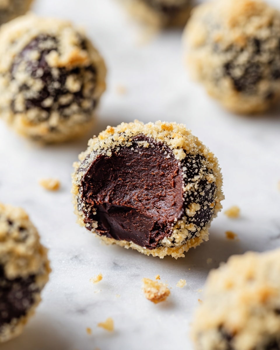 The image shows several round chocolate truffles covered in small light-colored nut crumbs, placed on a white marbled textured surface. One truffle in the center is bitten, showing a dense, dark brown chocolate layer inside that looks smooth and rich with slight texture marks. The outer crumb layer is uneven and light golden, wrapping the inner chocolate layer closely. Around the main truffle, other whole truffles appear blurred in the background, all similarly coated with the crumb layer. Photo taken with an iphone --ar 4:5 --v 7