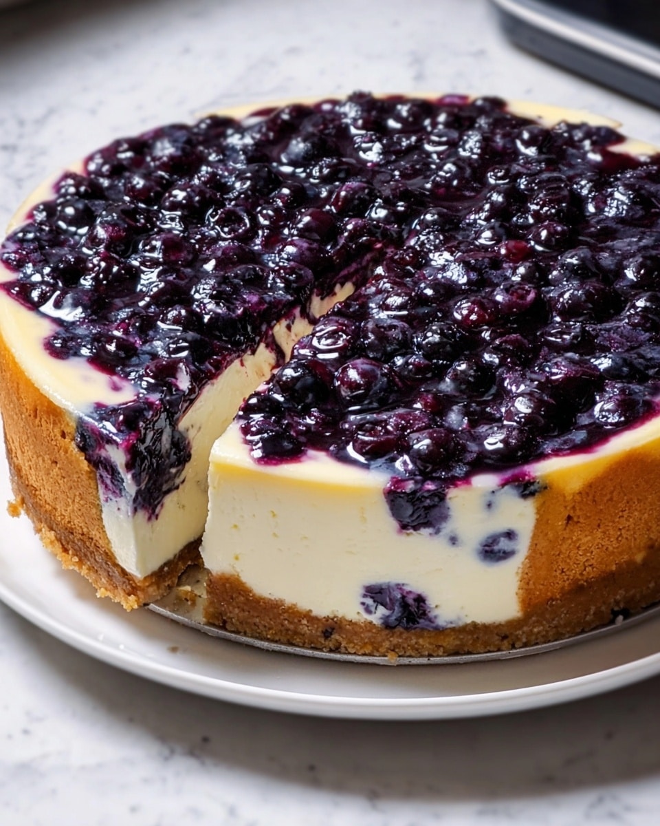 A round blueberry cheesecake with three clear layers is shown on a white plate, resting on a white marbled texture. The bottom layer is a thick, golden-brown crust with a slightly crumbly texture. The middle layer is creamy white cheesecake filling that looks smooth and dense. The top layer is a glossy mixture of whole and slightly crushed dark purple blueberries embedded into the cheesecake, releasing deep purple juice that swirls through the creamy layer. There is one slice missing, revealing the clean cut of all layers. photo taken with an iphone --ar 4:5 --v 7