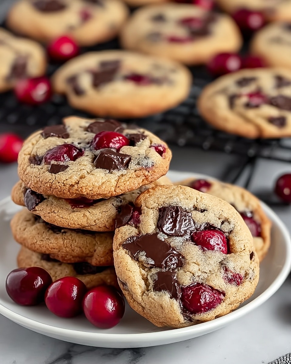 A stack of soft, golden-brown cookies sits on a white plate, each cookie filled with dark chocolate chunks and bright red cherry pieces, which glisten slightly as if fresh and juicy. The cookies have a cracked, slightly rough texture on top with melted chocolate pooling in some spots and plump cherry halves embedded visibly on the surface. In the background, more cookies rest on a black wire cooling rack, with scattered whole cherries adding a pop of red color. The scene is set on a white marbled texture surface, creating a clean and fresh look. Photo taken with an iphone --ar 4:5 --v 7
