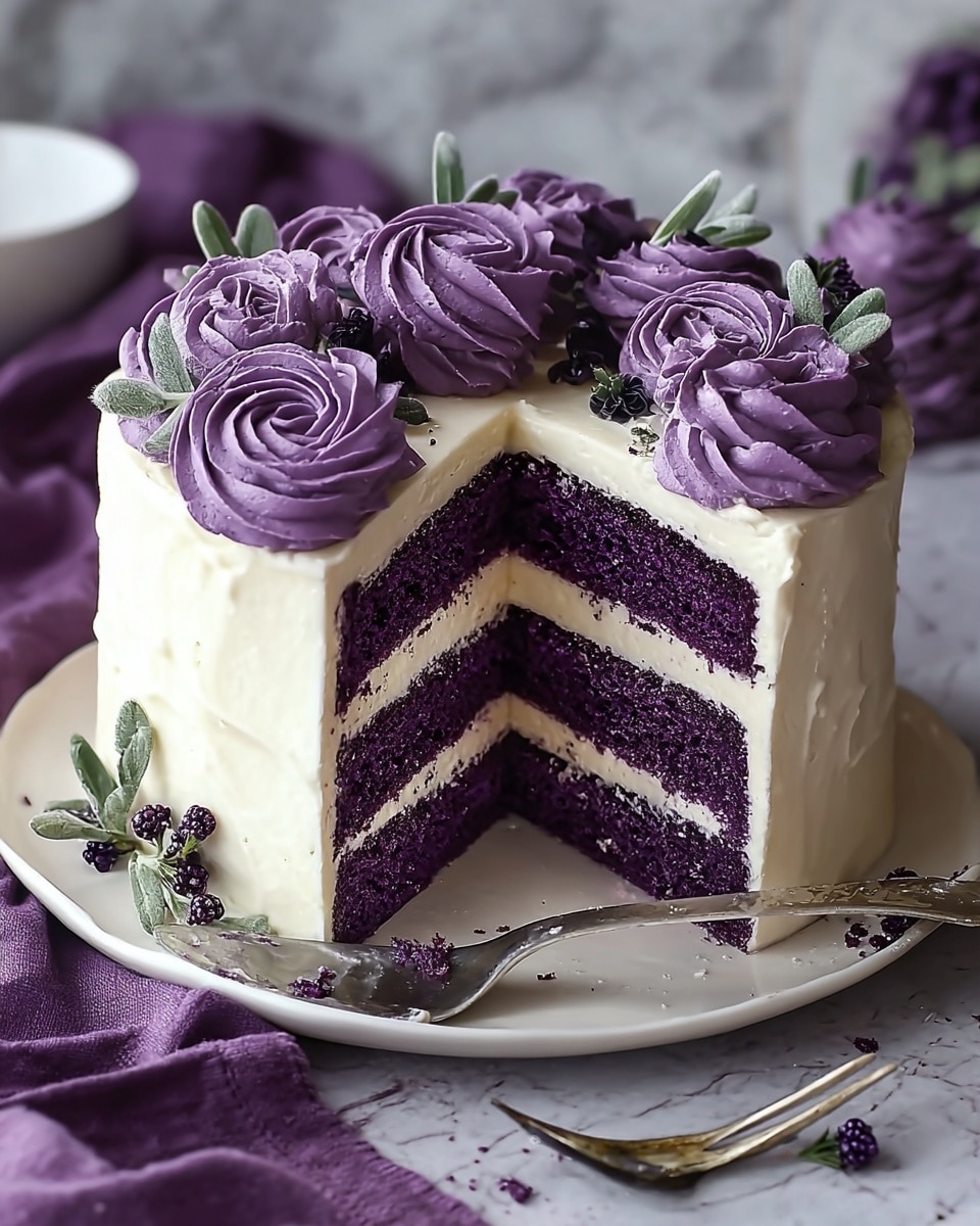 A two-layer round cake with deep purple sponge inside, separated by a smooth white cream filling. The outside is covered in white frosting with a slightly textured surface. On top, there are several purple rosettes made of cream, arranged around the edge, decorated with small sprigs of green leaves and tiny dark berries. A slice is cut out from the cake, showing the rich purple inside and the cream layer. The cake sits on a white plate with a silver fork resting beside it, crumbs on the fork and plate. The background has a white marbled texture with a purple cloth under the plate. Photo taken with an iphone --ar 4:5 --v 7