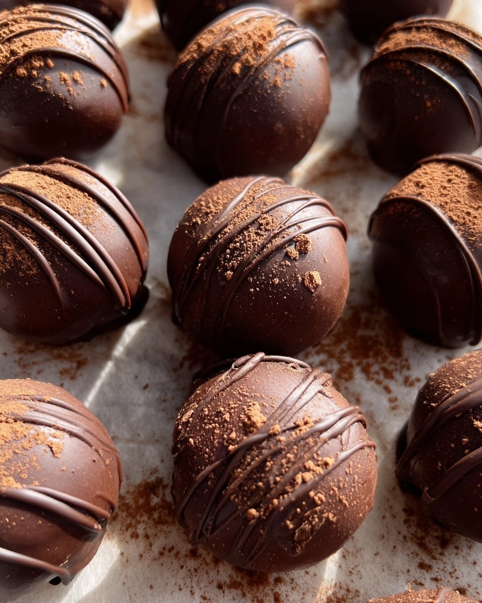 The image shows a close-up of round chocolate truffles arranged closely on a light parchment paper with a white marbled texture underneath. Each truffle has a smooth, glossy dark brown chocolate exterior with thin lines of darker chocolate drizzled over the top in random patterns. Some truffles are dusted lightly with cocoa powder, adding a slightly powdery texture on parts of their surface. Sunlight creates small highlights and soft shadows on the truffles, enhancing their round shape and shiny finish. The overall look is rich and inviting, with a mix of smooth and textured details visible on each piece. photo taken with an iphone --ar 4:5 --v 7