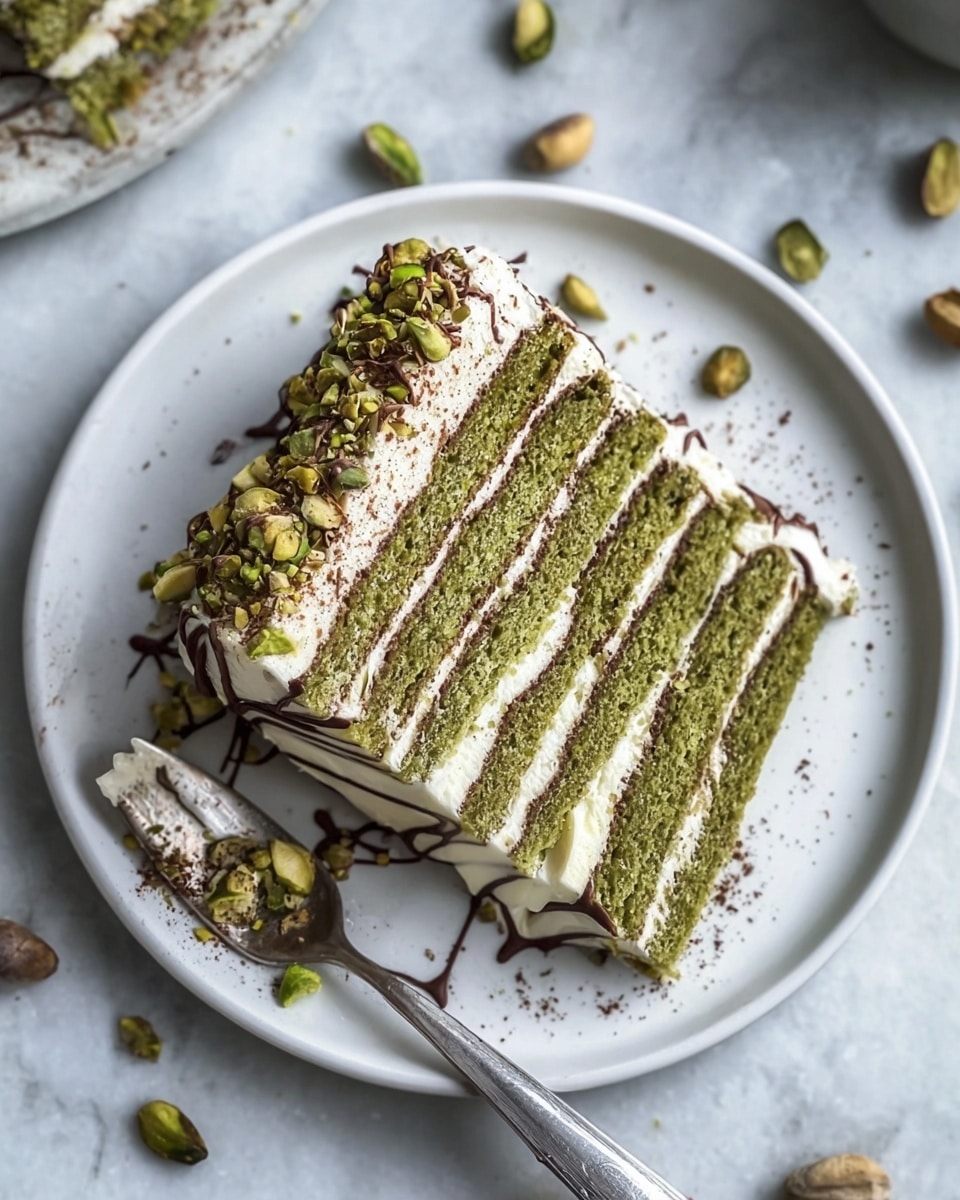 A square slice of layered pistachio dessert sits on a white plate with a thin grey rim, placed on a white marbled surface. The dessert has four visible layers of light green cake separated by creamy white frosting. The top layer of frosting is decorated with neat, thin lines of green powder and sprinkled with crushed pistachio nuts, giving a textured look. Scattered pistachio pieces surround the plate and a fork rests at the bottom edge with some crumbs stuck to it. The overall scene looks fresh and inviting. photo taken with an iphone --ar 4:5 --v 7