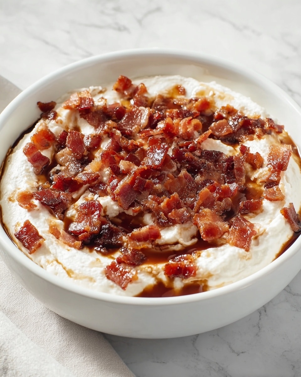 The dish shows a white bowl filled with two layers: the bottom layer is a thick, creamy white mixture that looks soft and smooth, and the top layer is covered with small pieces of crispy, browned bacon scattered evenly, adding a crunchy texture and rich reddish-brown color. The bacon sits on a thin layer of shiny, dark brown sauce that glistens under the light, creating a contrast with the white creamy base. The bowl is placed on a white marbled surface. photo taken with an iphone --ar 4:5 --v 7
