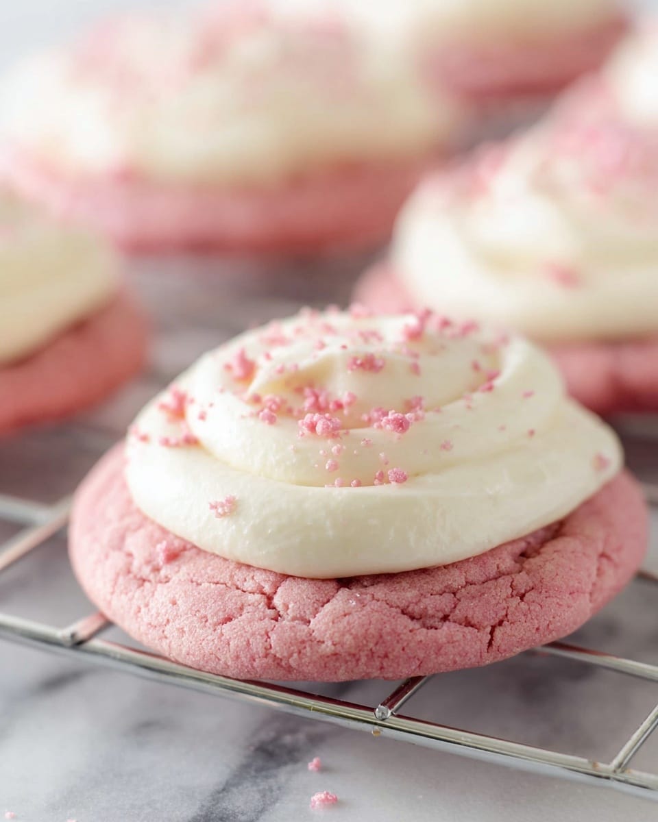 The image shows a close-up of a pink cookie with a thick layer of creamy white frosting on top. The frosting is swirled smoothly with a small peak in the middle. There are small pink crumb-like pieces sprinkled over the frosting, adding texture and color contrast. The cookie has a soft, crumbly texture with small cracks visible on its surface. It sits on a metal rack above a white marbled surface. More cookies with the same design are blurred in the background. photo taken with an iphone --ar 4:5 --v 7