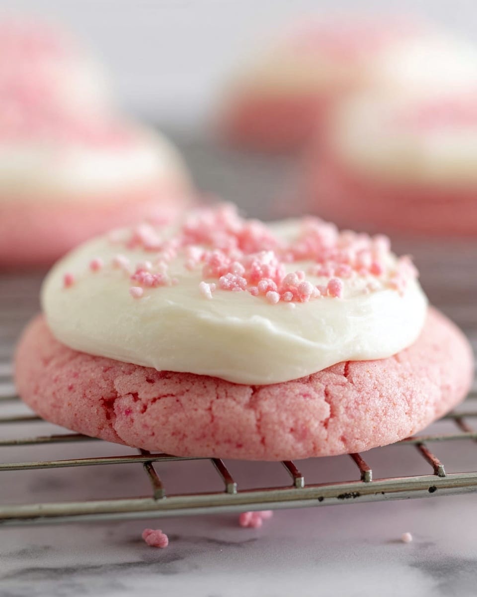 A close-up view of a small, round pink cookie with a soft, slightly cracked texture as the base layer. On top, there is a thick, smooth layer of creamy white frosting spread evenly, topped with small pink crumbly sprinkles scattered across the surface. The cookie is placed on a metal cooling rack with a white marbled texture in the background. In the backdrop, more similar cookies are softly blurred. photo taken with an iphone --ar 4:5 --v 7