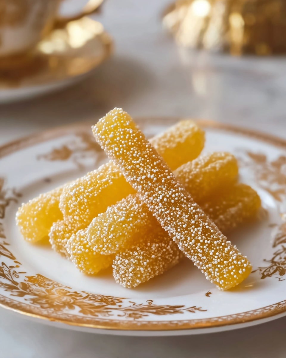 A small pile of six yellow gummy sticks with rough texture are stacked on a white plate with gold floral patterns on the edges. Each gummy stick is covered with small white sugar beads, giving a dotted appearance. The gummy sticks are arranged in a slightly crossed manner at the center of the plate. The background is blurred with a hint of golden objects, resting on a white marbled surface. photo taken with an iphone --ar 4:5 --v 7