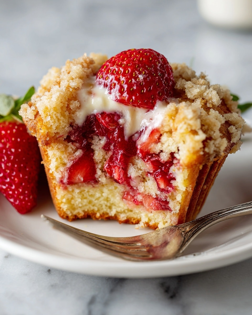 A close-up of a muffin with a crumbly light brown topping covered in bits of sugar and spices. The muffin is split open showing soft, pale yellow cake with a layer of bright red strawberry filling inside. On top of the muffin is a swirl of smooth white cream, crowned with a fresh whole strawberry that is bright red with green leaves. The muffin sits on a white plate against a white marbled background. Photo taken with an iphone --ar 4:5 --v 7