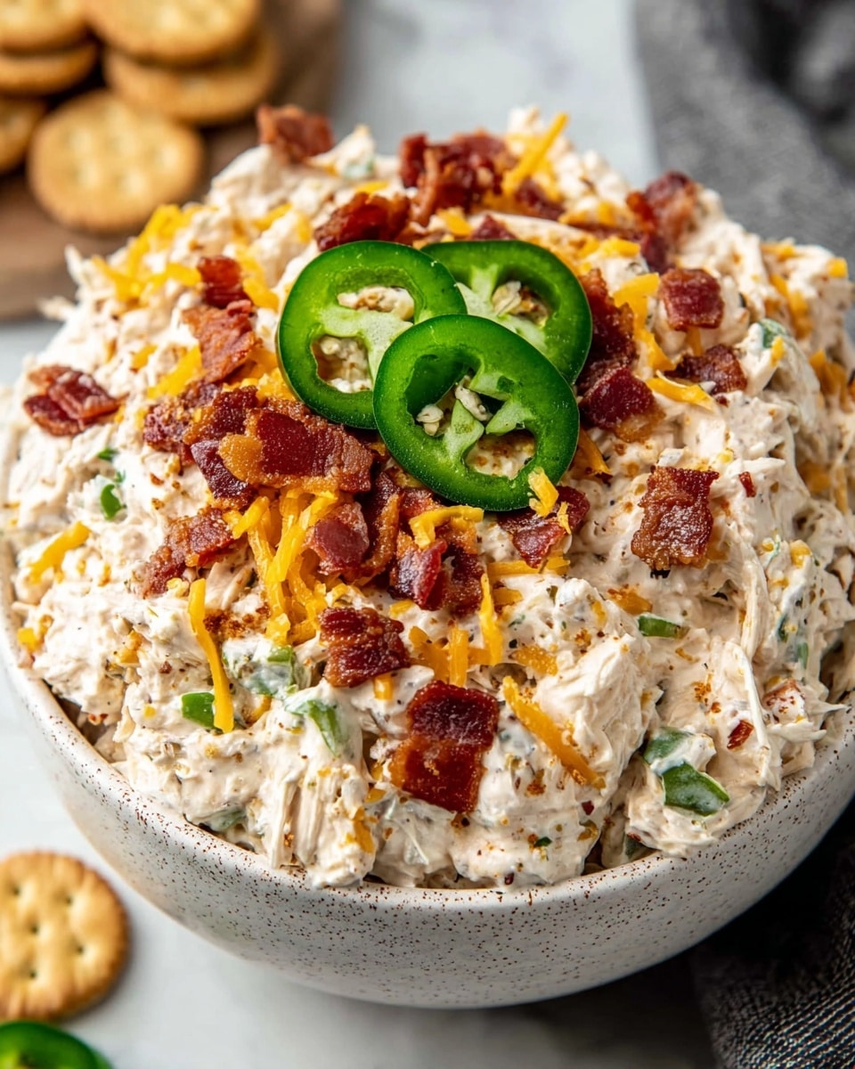 A close-up of a bowl filled with a creamy, chunky dip made of shredded white chicken mixed with a smooth white sauce, visible green jalapeño pieces, and small orange shredded cheese scattered throughout. The dip is topped with crispy dark red bacon bits, thin orange shredded cheese strands, and three slices of fresh green jalapeño placed in the center. The bowl is white with a speckled texture, resting on a white marbled background, with some blurry gray cloth and crackers in the background. Photo taken with an iphone --ar 4:5 --v 7