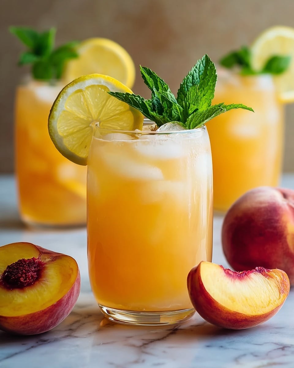 A clear glass is filled with a light orange peach drink and ice cubes visible at the top. A round lemon slice garnished with a green mint sprig rests on the rim of the glass. Around the glass are three peach pieces, one whole peach, and a half lemon showing its interior. In the blurred background, two more clear glasses with the same drink are partially visible, each topped with a lemon slice and mint leaves. The drink and fruit are placed on a white marbled surface. Photo taken with an iphone --ar 4:5 --v 7