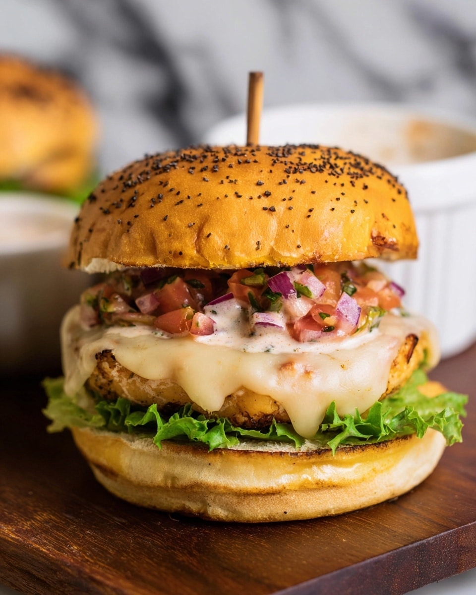 A close-up of a sandwich with a golden-brown bun sprinkled with black seasoning on top, held together with a small wooden skewer in the center. The bottom bun is lightly toasted with grill marks. Above it is a layer of crisp green leaf lettuce, then a thick patty covered in melted pale yellow cheese that drips slightly down the sides. On top of the cheese is a chunky salsa made of diced red tomatoes and purple onions mixed with a creamy white sauce. The sandwich sits on a dark wooden board with a blurred white bowl in the background on a white marbled surface. photo taken with an iphone --ar 4:5 --v 7