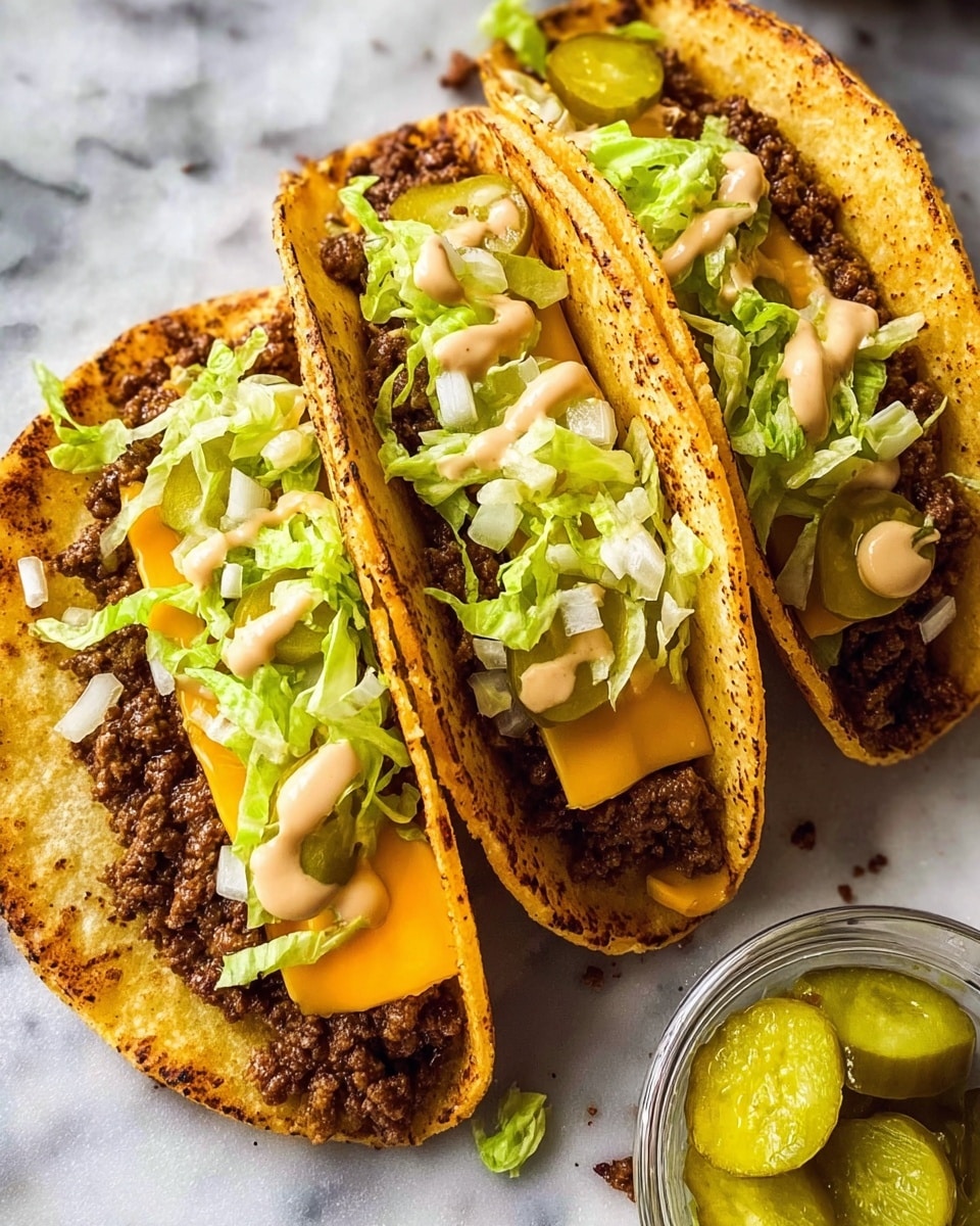 Three soft tacos are placed close together on a white marbled surface, each taco layered with a golden-brown toasted corn tortilla. The first layer inside the tortilla is a dark brown ground beef, followed by a shiny, smooth slice of bright orange melted cheese on the front taco. Above the cheese and beef are pale green shredded lettuce and small white diced onions scattered on top. Light yellow-green pickle slices add a crisp contrast, placed near the lettuce. Light tan creamy sauce is drizzled over the top of each taco, giving a smooth texture. A small clear container with more pickle slices sits near the bottom right corner. Photo taken with an iphone --ar 4:5 --v 7