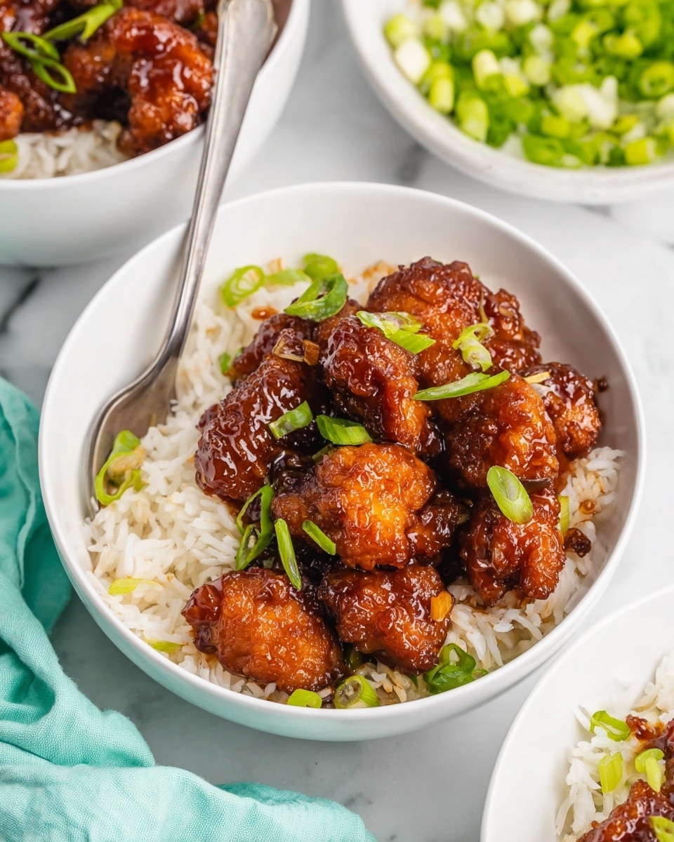 The image shows a white bowl filled with a base layer of white rice, topped with a glossy layer of dark brown glazed chicken pieces, which look juicy and sticky. The chicken is garnished with small bright green sliced scallions scattered on top. A metal spoon is partially inserted into the bowl on the left side. Surrounding the main bowl, there are parts of other similar white bowls visible, one with rice and chicken, and another filled with sliced green scallions. The whole setting is on a white marbled surface with a light teal cloth partially visible on the bottom left. photo taken with an iphone --ar 4:5 --v 7