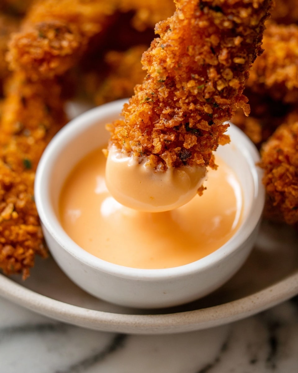 A close-up of a crispy, golden-brown stick being dipped into a small white bowl filled with creamy light orange sauce. The stick has a crunchy, textured coating with small crispy crumbs all over. The sauce clings to the tip of the stick in thick dollops. In the background, more crispy sticks are visible, slightly blurred, lying on a white marbled surface. photo taken with an iphone --ar 4:5 --v 7
