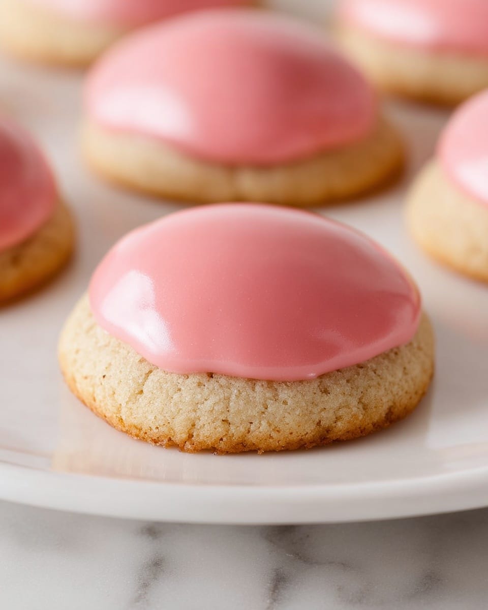The image shows a close-up of a cookie with two visible layers. The bottom layer is a round, soft-looking, light beige cookie with a grainy texture. The top layer is a smooth, shiny pink icing spread evenly over the cookie, forming a raised dome shape. The cookies rest on a white plate set on a white marbled texture surface. In the background, other similar cookies are slightly out of focus. photo taken with an iphone --ar 4:5 --v 7