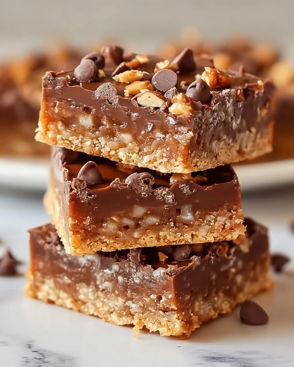 The image shows a stack of three square dessert bars placed on a white plate with a white marbled surface in the background. Each bar has three visible layers: the bottom layer is a crumbly, light golden crust; the middle layer is a dense, sticky chocolate filling with small nut pieces embedded throughout; the top layer is a glossy chocolate coating sprinkled with more chopped nuts and a few chocolate chips scattered on top. The bars appear rich, with a mix of smooth, crunchy, and gooey textures. Photo taken with an iphone --ar 4:5 --v 7
