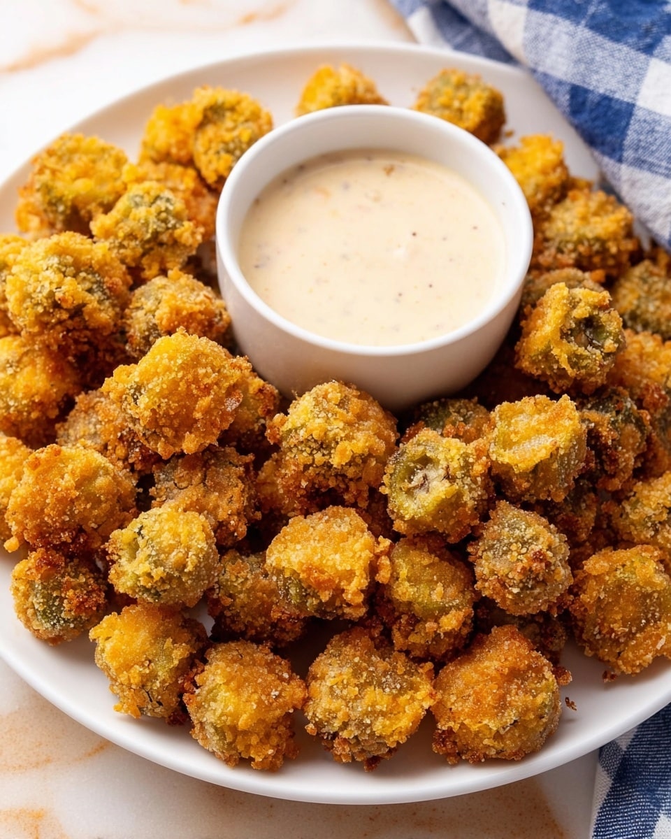 The image shows a white plate filled with many small, round, golden-brown crispy fried pieces with a rough, crunchy texture, likely fried okra, covering the whole plate except the center. In the middle, there is a white bowl filled with a creamy, light beige dipping sauce that has a smooth texture with faint specks. The plate is on a white marbled surface, and part of a blue and white checkered cloth is seen in the background. The colors are warm and inviting, with the golden fried pieces contrasting with the creamy white sauce. photo taken with an iphone --ar 4:5 --v 7