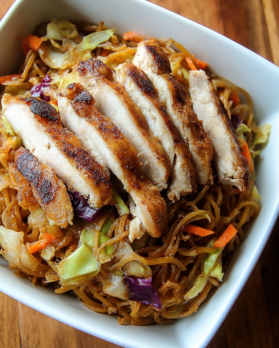A white square dish filled with a base layer of glossy, brownish stir-fried noodles mixed with thin strips of orange carrots, light green cabbage, and some dark purple cabbage pieces. On top, there are several thick slices of grilled chicken breast with golden-brown, slightly charred skin, showing a juicy and tender white inside. The dish is placed on a wooden surface. photo taken with an iphone --ar 4:5 --v 7