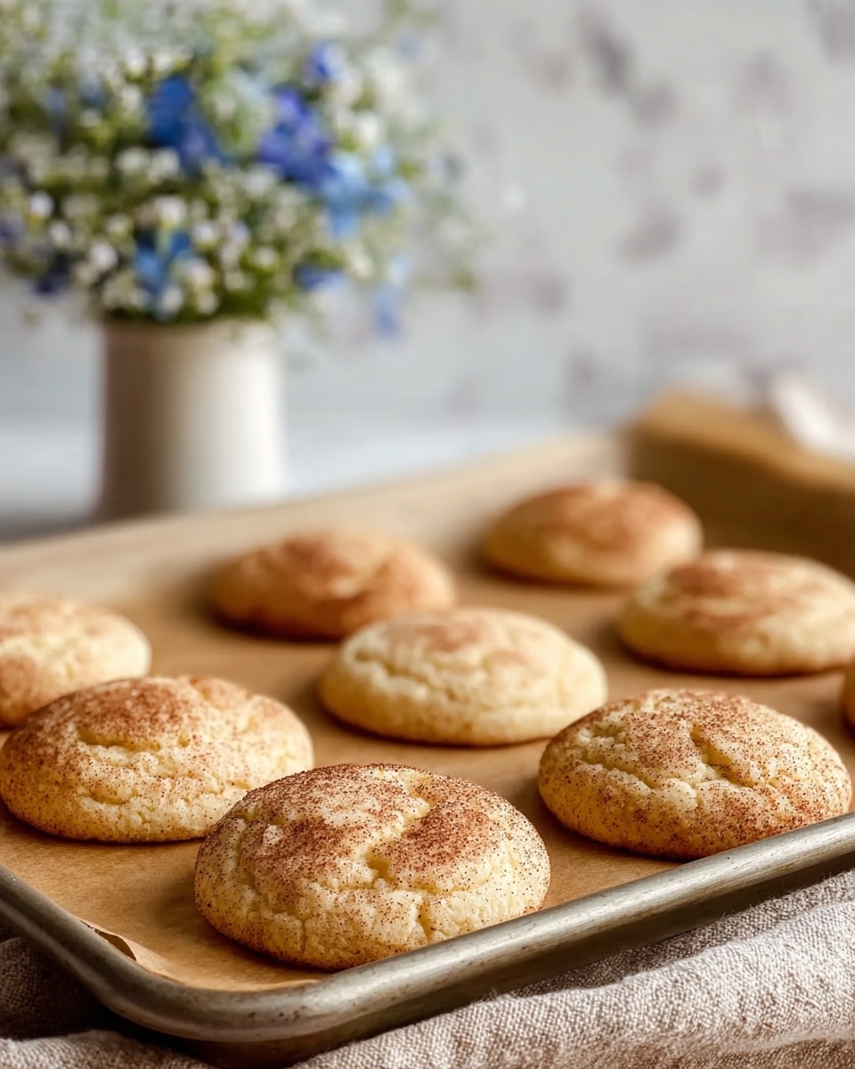 A tray holds nine round, soft cookies that have a light golden color with a slightly cracked surface and fine brown cinnamon sugar sprinkled evenly on top. Each cookie is puffy with a delicate texture, sitting on light brown parchment paper inside a metal baking sheet placed on a textured light brown cloth. In the background, there is a white vase with small blue and white flowers blurred softly, all set on a surface with a white marbled texture. photo taken with an iphone --ar 4:5 --v 7