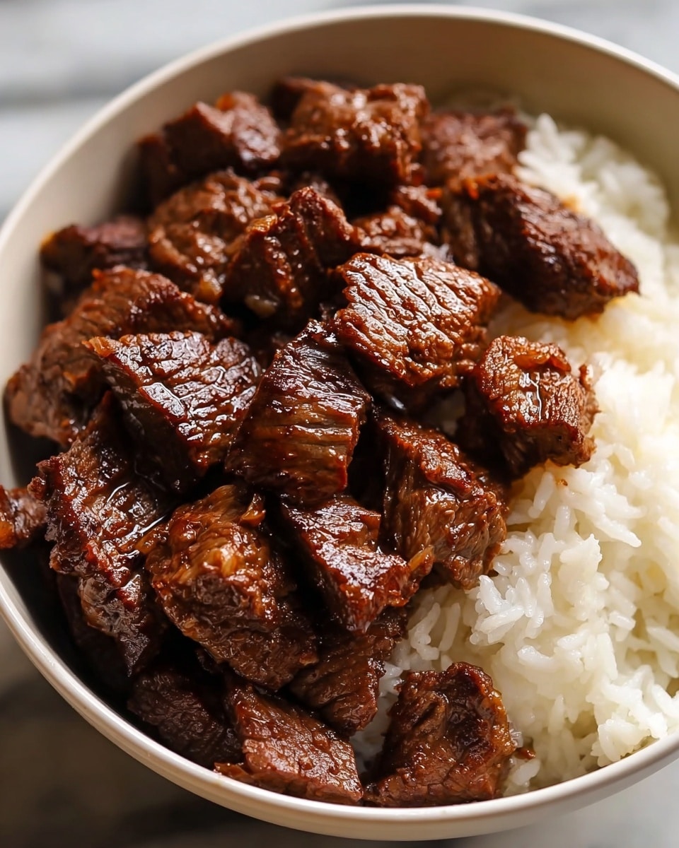 A bowl filled with two clear layers, the bottom layer is white rice with a soft, fluffy texture, slightly hidden behind the top layer; the top layer is made of many dark brown pieces of cooked beef cut into small, uneven chunks, each piece showing a shiny, slightly oily surface with visible texture and grill marks, all set inside a white bowl placed on a white marbled surface. photo taken with an iphone --ar 4:5 --v 7