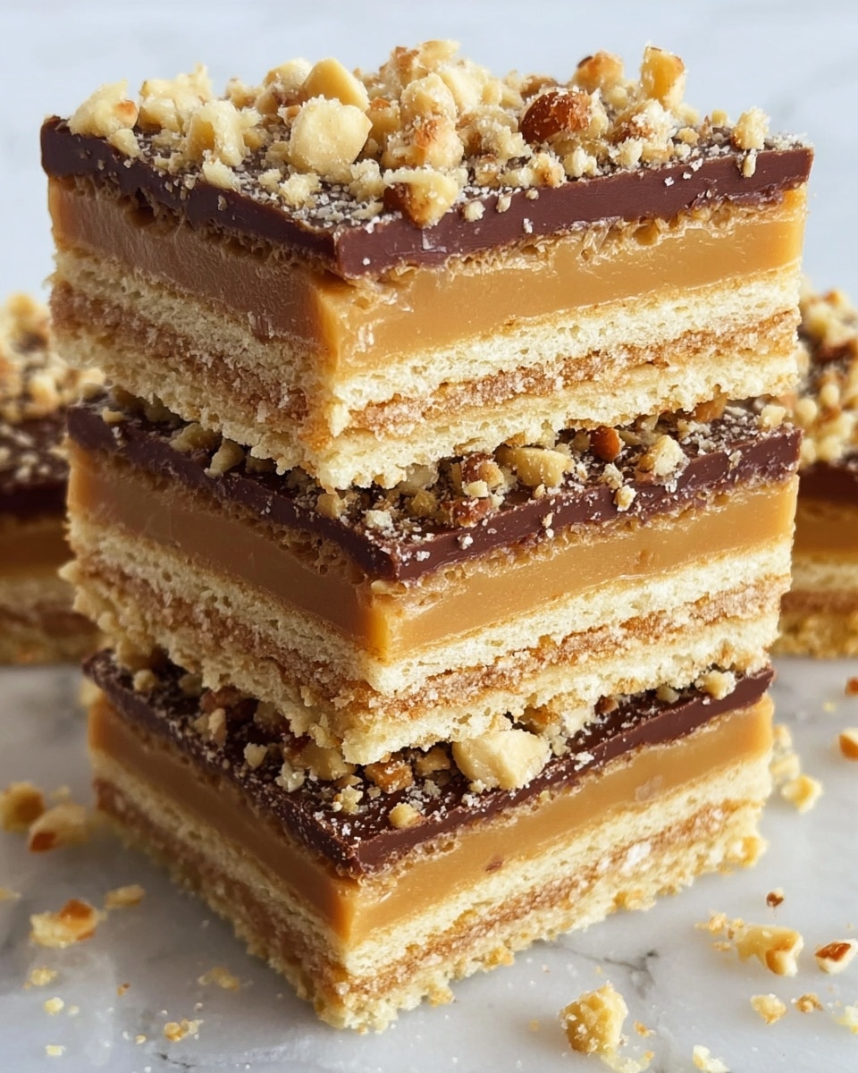 The image shows a close-up of three square pieces of a layered dessert stacked on a white marbled surface. Each piece has four visible layers: three light beige, crumbly biscuit layers alternating with three thinner golden caramel layers. The top layer is smooth milk chocolate, sprinkled generously with chopped nuts that add a crunchy texture. The edges reveal the neat stacking of layers, and some crumbs and nut pieces are scattered around the base, giving a fresh and homemade feel. Photo taken with an iphone --ar 4:5 --v 7