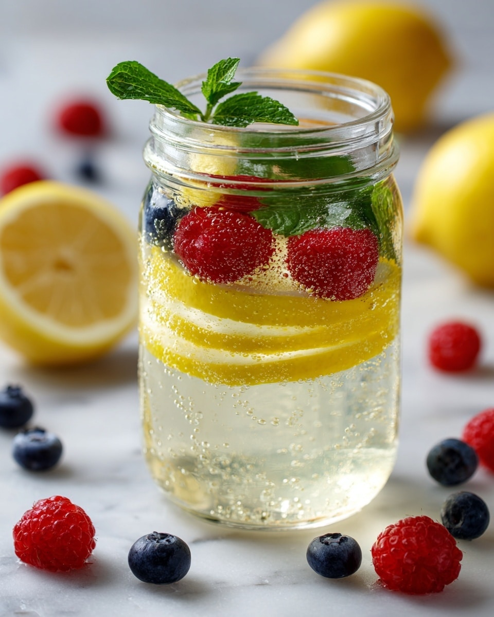 A clear glass jar filled with a light yellow drink that has many small bubbles. Inside the jar, two thin layers of bright yellow lemon slices sit near the bottom, topped by a few green mint leaves, and several red raspberries floating near the top. A fresh green mint sprig garnishes the rim of the jar. Around the jar, there are scattered whole raspberries and blueberries, with a lemon half and more jars in the blurred background. The whole setting is on a white marbled surface. photo taken with an iphone --ar 4:5 --v 7