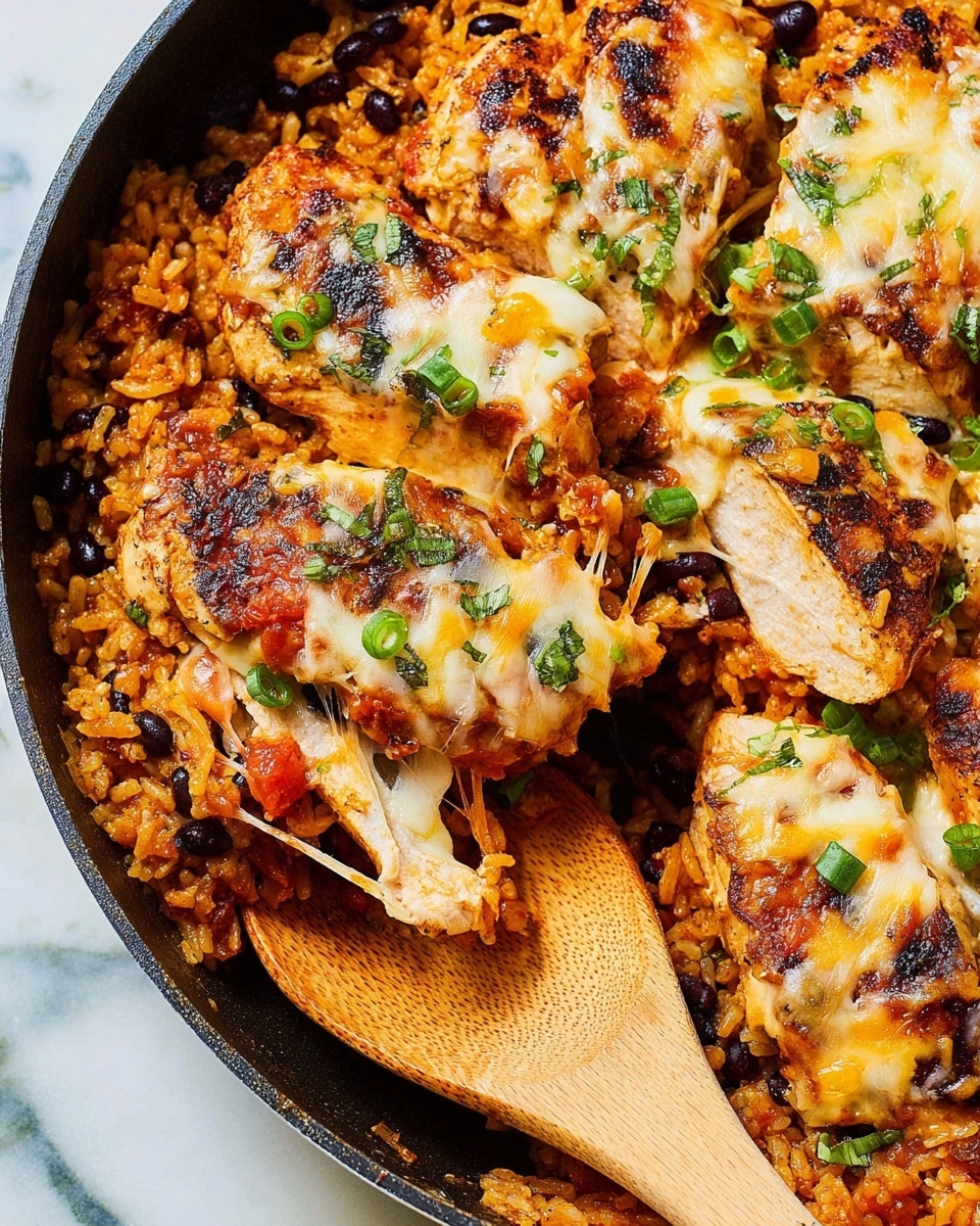 The dish shows a pan filled with several pieces of cooked chicken breast covered with a layer of melted cheese and tomato sauce. The chicken has a golden-brown grilled texture with some darker charred spots, topped with sliced green onions and chopped herbs. Underneath and around the chicken, there is a layer of cooked rice mixed with black beans, giving a mix of orange and dark colors with a slightly moist texture. The cheese on top is melted and stringy, connecting some pieces of chicken. A wooden spoon is scooping some of the rice and chicken, all set on a white marbled surface. Photo taken with an iphone --ar 4:5 --v 7