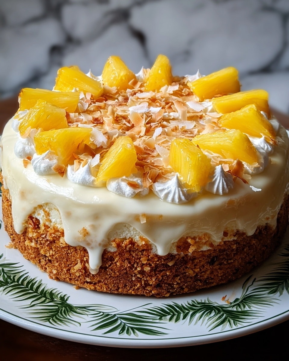 A slice of three-layer pineapple cake sits on a white plate with a green leafy pattern around the edges. The bottom and middle layers are light yellow sponge cake with a soft, fluffy texture. Between and on top of these layers is thick, white creamy frosting that looks smooth and rich. On the top layer, there are small, bright yellow pineapple chunks placed evenly around the edge, with thin light brown toasted coconut shreds gathered in the center. The plate is set against a white marbled surface. Photo taken with an iphone --ar 4:5 --v 7