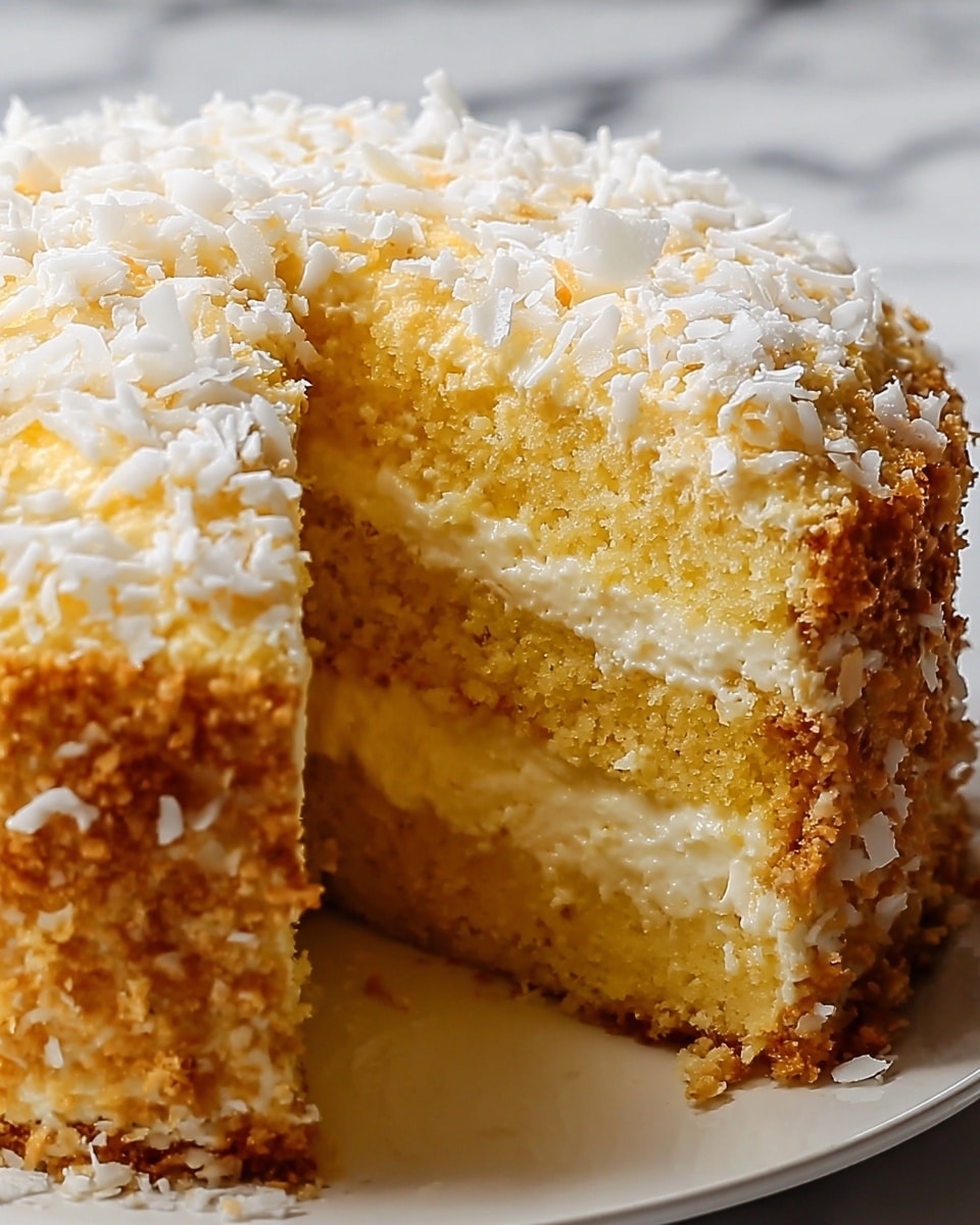 A close-up image of a round cake sliced to show two main layers; the top and bottom layers are golden yellow with a soft and fluffy texture, and between them is a thick creamy white filling. The outside of the cake is covered with crumbly golden crumbs and topped with large white coconut flakes that add texture and color contrast. The cake sits on a white plate placed on a white marbled surface. photo taken with an iphone --ar 4:5 --v 7