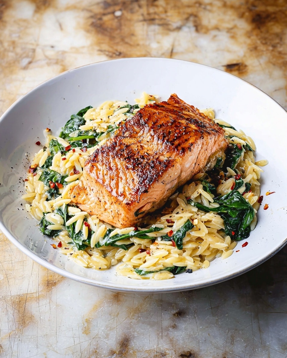 A white round plate holds a dish with two main layers: the bottom layer is creamy orzo pasta mixed with green spinach leaves and sprinkled with red chili flakes and grated cheese, showing a smooth, slightly oily texture with black pepper specks; on top of this bed sits a thick, golden-brown grilled salmon fillet with visible grill marks and crisped edges, its surface shiny and slightly charred. The plate is placed on a white marbled texture. photo taken with an iphone --ar 4:5 --v 7