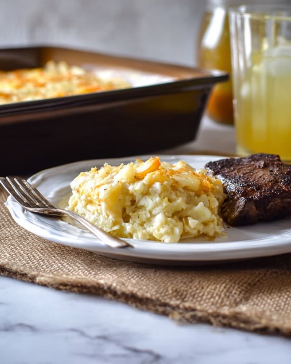 The image shows a white plate with two main parts: on the left side, there is a serving of creamy, light yellow layered potato casserole with visible small chunks and a smooth texture, topped with a slightly browned golden layer likely from melted cheese or sauce; on the right side, there is a piece of dark brown grilled or roasted meat with a slightly rough texture and visible grill marks or seared areas; behind the plate, a silver fork rests on the left edge. The plate is placed on a light brown burlap cloth, and in the background to the left, there is a dark rectangular baking dish with more of the creamy potato casserole inside. To the right in the background, there is a transparent glass with a yellowish drink. The whole scene is set on a white marbled texture surface photo taken with an iphone --ar 4:5 --v 7