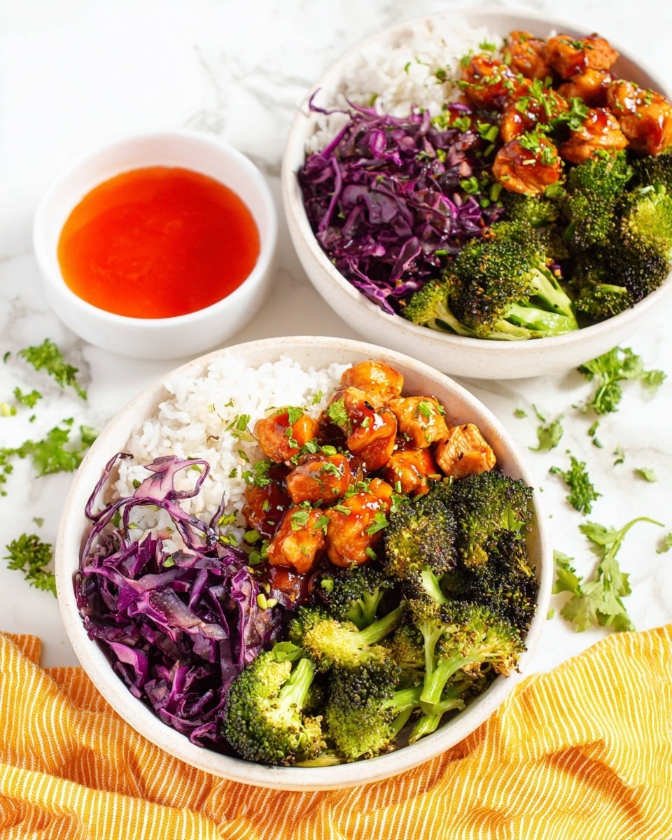 The image shows a white bowl filled with a bed of fluffy white rice forming the base layer. On top of the rice are three toppings, each arranged in separate sections: bright green roasted broccoli florets with a slightly charred texture, deep purple shredded red cabbage that looks fresh and crisp, and small chunks of orange glazed chicken, appearing juicy and tender with a shiny coating. Small green herb pieces are sprinkled across the dish, adding a touch of freshness. The bowl sits on a white marbled surface. photo taken with an iphone --ar 4:5 --v 7