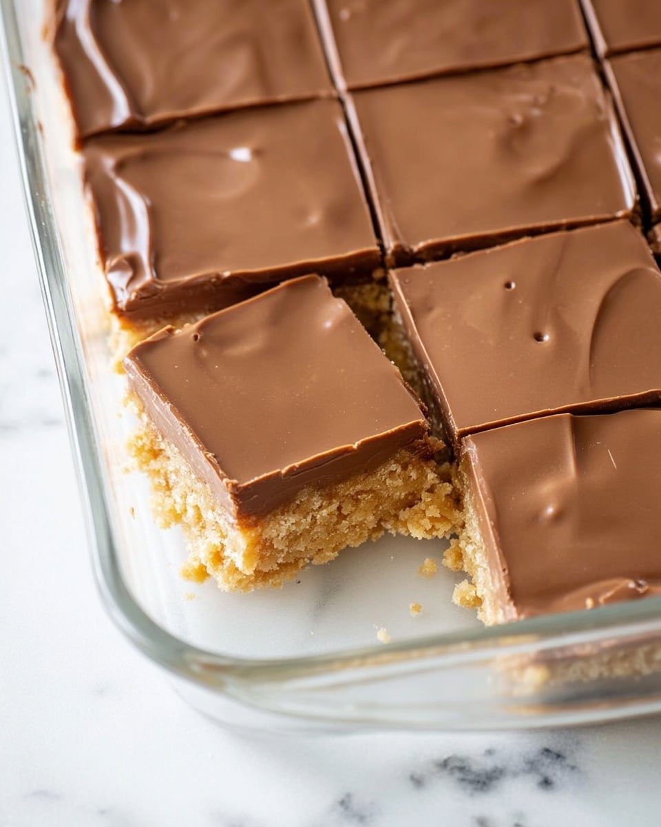 The image shows a close-up of six square dessert bars in a clear glass baking dish on a white marbled surface. The dessert has two layers: a bottom layer that looks crumbly and light beige, resembling a cookie or shortbread base with a few small cracks, and a thick, smooth, glossy milk chocolate layer on top that is light brown and evenly spread. One square has been partially removed, showing the thickness and texture of the two layers. The edges of the chocolate layer are cleanly cut, and a few crumbs are visible on the glass dish near the missing piece. Photo taken with an iphone --ar 4:5 --v 7