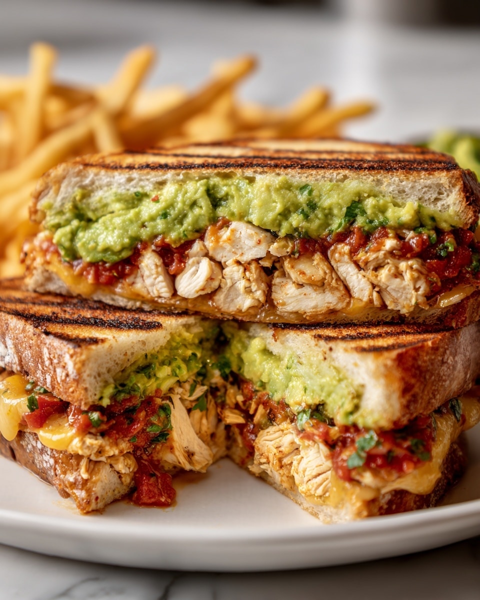 A sandwich cut in half shows grilled chicken chunks as the bottom layer with a slightly browned texture. Above the chicken is a layer of melted cheese, followed by a layer of red salsa with green herbs mixed in. On top, there is a thick layer of green guacamole with a chunky texture. The sandwich is held together by two slices of toasted bread with grill marks, showing a golden-brown color. It is placed on a white plate with a few fries in the blurry background on a white marbled surface. photo taken with an iphone --ar 4:5 --v 7