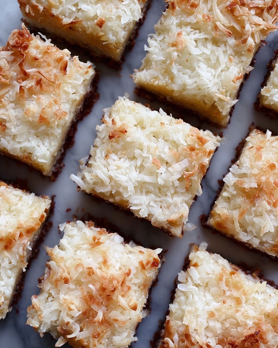 The image shows nine square coconut-topped bars arranged in a close grid, each bar having three layers. The bottom layer is dark brown and firm, likely a crust, the middle layer is golden brown and slightly crumbly, and the top layer is covered with shredded, lightly toasted white coconut flakes that create a soft, textured surface. The bars have irregular edges and a moist, dense look, all placed on a white marbled surface. photo taken with an iphone --ar 4:5 --v 7