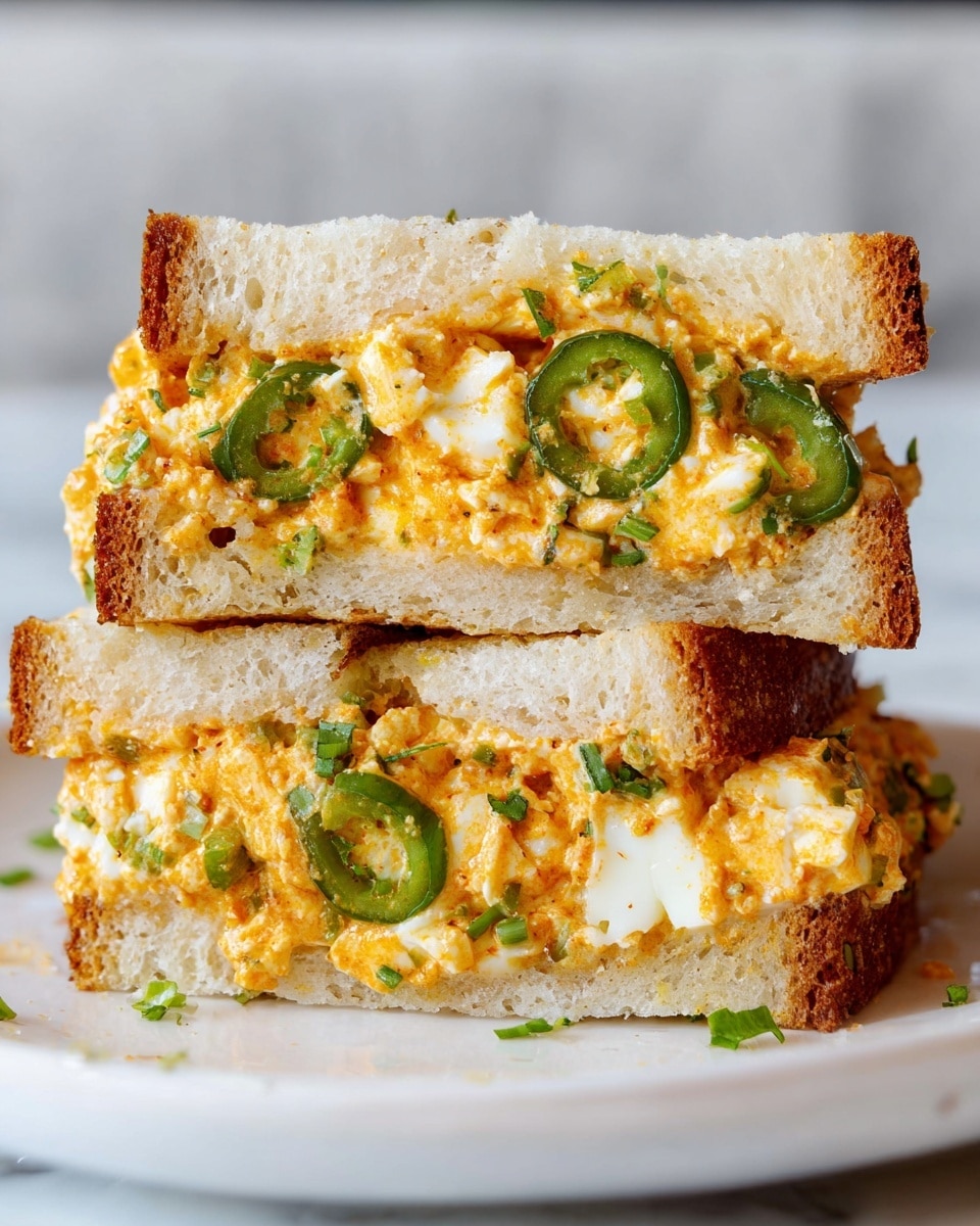 The image shows a sandwich cut into two stacked halves resting on a white plate with a white marbled surface background. Each sandwich half has two main layers: the base layer, which is a thick, soft bread slice with a light tan crust and airy texture, and the topping layer, which is a chunky mixture with small bits of white pieces (likely chopped eggs) mixed with an orange-colored spread that looks creamy and slightly toasted on top. There are thin slices of green jalapeno peppers nestled in the spread, adding pops of vibrant green color, with small green herbs sprinkled throughout. The top sandwich piece is slightly angled, showing off the layers and texture clearly. photo taken with an iphone --ar 4:5 --v 7