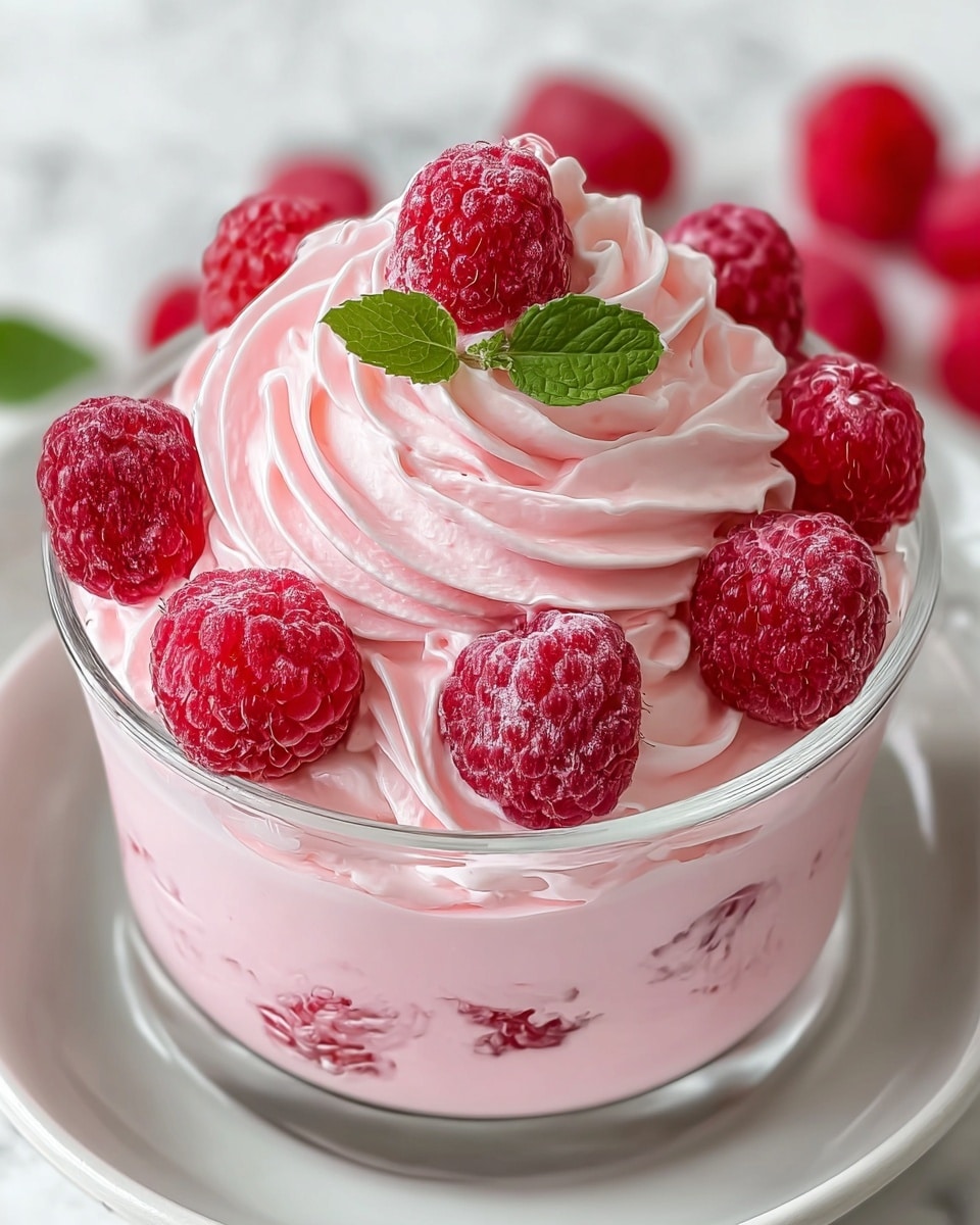 The image shows a dessert in a clear glass cup with three visible layers: the bottom layer is smooth and light pink, the middle layer contains pink cream with whole raspberries embedded inside, and the top layer is swirled light pink whipped cream with a soft, airy texture. On the top of the whipped cream, there are eight fresh raspberries placed close together along with two small green mint leaves in the center. The glass cup is placed on a shiny white plate, all set on a white marbled surface. Photo taken with an iphone --ar 4:5 --v 7
