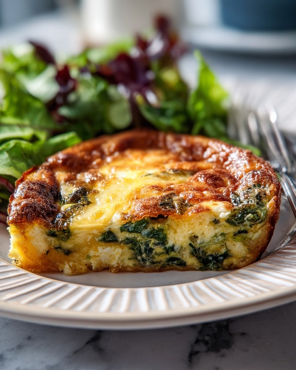 A close-up view of a golden brown frittata slice on a white plate with raised ridges, showing layers of cooked eggs with green spinach pieces and melted cheese creating a slightly browned, bubbly top crust; the plate sits on a table with a white marbled texture. Behind the frittata, there is a fresh side salad of leafy greens in various shades of green and dark red. A fork rests to the right of the plate, and the scene is softly lit with natural light. photo taken with an iphone --ar 4:5 --v 7