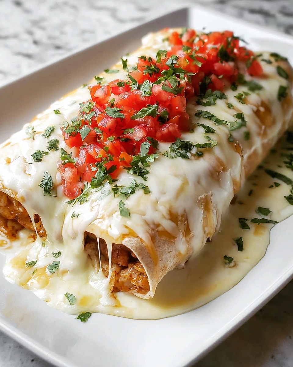 A close-up of a stuffed burrito on a white plate, with the burrito wrapped in a soft, light brown tortilla. It has a thick layer of melted white cheese covering the top, some cheese stretching from the sides and melting onto the plate. On top of the cheese, there is a layer of finely chopped red tomatoes mixed with fresh green cilantro sprinkled around. The burrito fills the frame with a cozy and creamy look, set against a white marbled surface. Photo taken with an iphone --ar 4:5 --v 7