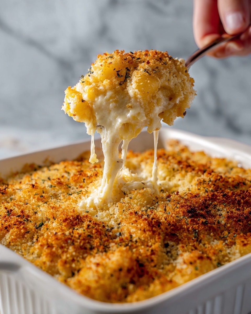 The image shows a white baking dish filled with a baked macaroni and cheese casserole. The top layer is golden brown and crispy, made up of toasted breadcrumbs with specks of herbs. Below this crunchy crust, there is a creamy, melted cheese layer that looks smooth and stringy, stretching as a spoon lifts a portion from the dish. The cheese sauce is pale yellow with a soft, gooey texture, contrasting with the textured, crispy top. The background features a white marbled surface, and a woman's hand is holding the spoon. photo taken with an iphone --ar 4:5 --v 7