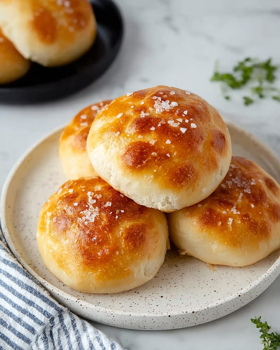 The image shows four golden brown biscuits on a white speckled plate, placed on a white marbled surface. Each biscuit has a slightly rounded top with a shiny, crisp crust and a few grains of coarse salt scattered on top. The biscuits have a soft, airy inside with visible holes, suggesting a light and fluffy texture. The background includes a fabric with black and white stripes that is blurred out, putting focus on the warm biscuits in the front. Photo taken with an iphone --ar 4:5 --v 7