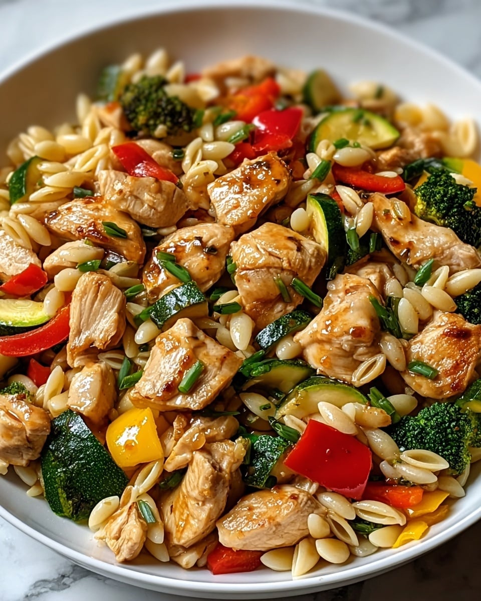 A close-up view of a dish on a white plate filled with pieces of cooked chicken that are light brown and glossy, mixed with small pasta resembling short grains in a pale yellow shade. Among the chicken and pasta, there are brightly colored vegetable pieces: red and yellow bell peppers, green broccoli florets, and small slices of green zucchini. The dish looks saucy and well-mixed, showing a variety of textures from tender chicken chunks to crisp vegetables, all sitting on a white marbled surface. photo taken with an iphone --ar 4:5 --v 7