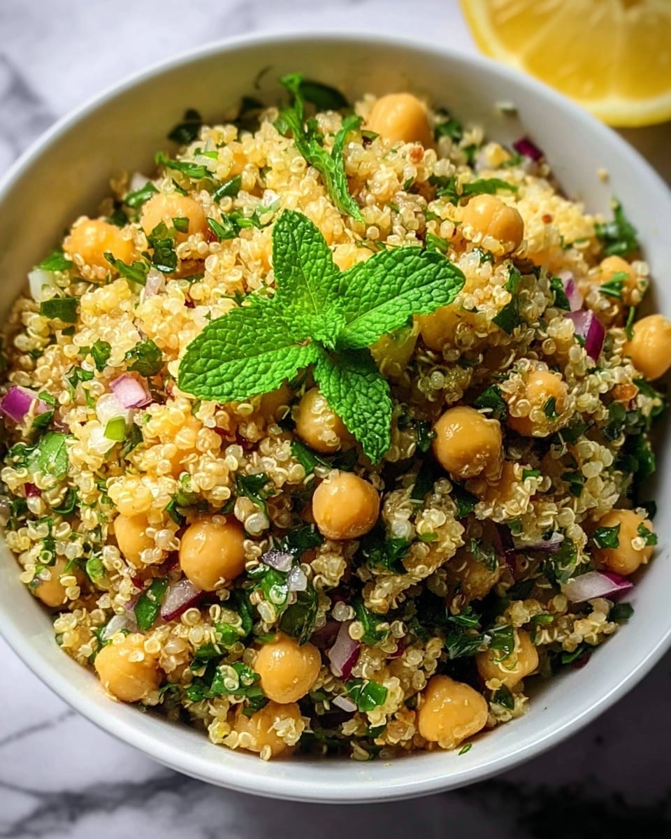 The image shows a white bowl filled with a quinoa salad. The salad has three main visible layers: a base of light yellow quinoa with a grainy texture, scattered round yellow chickpeas throughout, and chopped green leafy herbs and vegetables mixed evenly inside. There are small pieces of red onion adding purple and white bits in the mix. A fresh green mint leaf is placed on the top center as garnish. The bowl sits on a white marbled surface with a blurred lemon slice in the background. Photo taken with an iphone --ar 4:5 --v 7